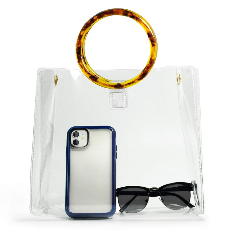 Hoxis Round Handle Clear Handbag Women PVC Tote tortoiseshell Top Handle Bag (Square) - Image 1